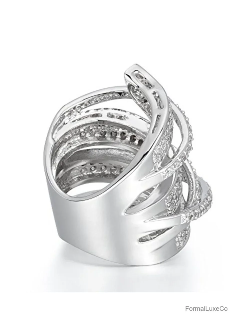 Rhodium Plated Cubic Zirconia Wide Band Cocktail Ring
